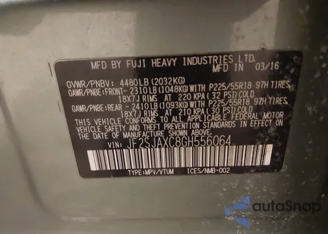 2016 Subaru Forester 2.5I Touring from USA, damaged, VIN JF2SJAXC8GH556064